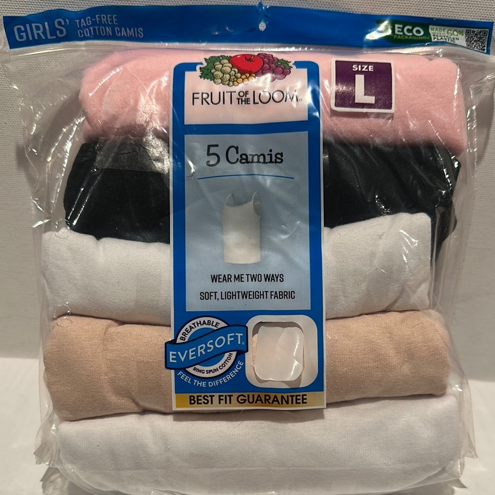 NWT Fruit of the Loom (5) Pack Tag-Free Camis. 80% polyester and 20% cotton.